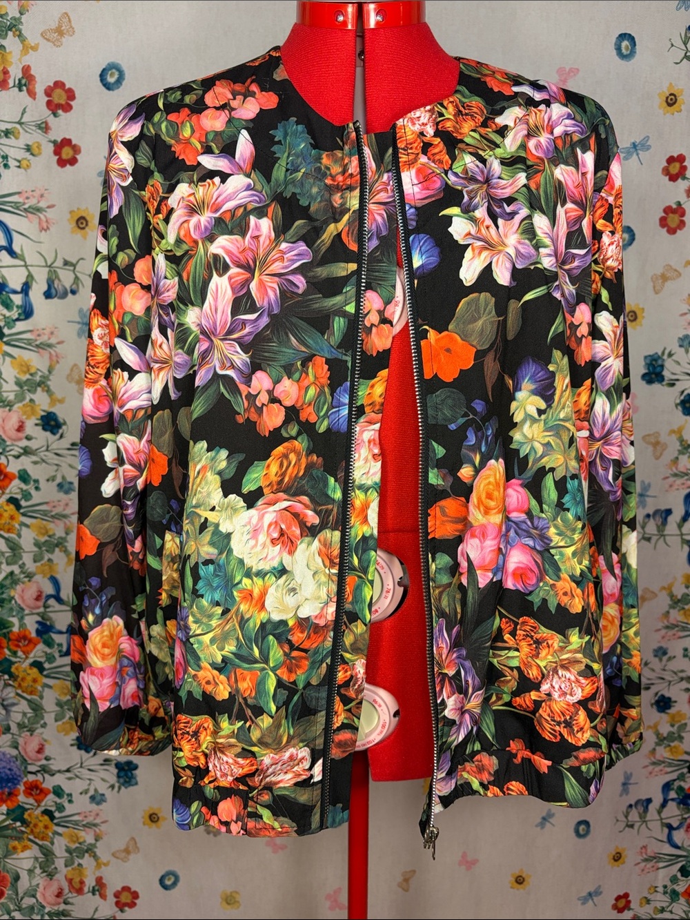 Kate & Mallory - Lightweight Black Floral Botanical AI Dream Bomber Jacket